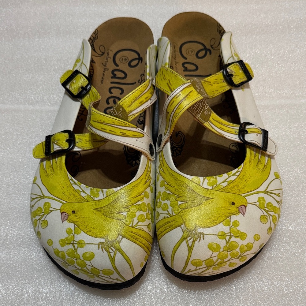 Calceo Yellow Floral Bird Leather Clogs size 41 (10)  New Without Tag